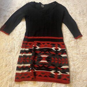 Dots Graphic Sweater Dress Women's Size Large Geometric, 3/4 Sleeve Red Black